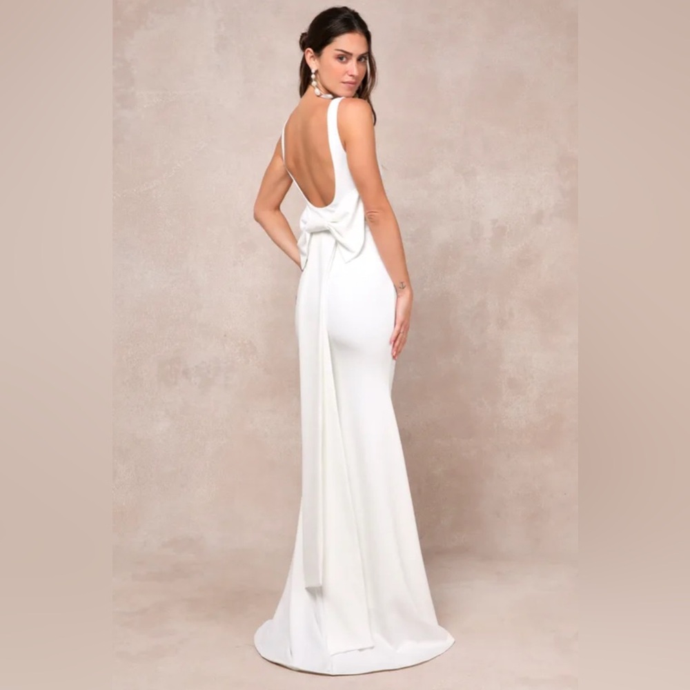 Lulus Loving Fate White Bow Square Neck Backless Maxi Dress